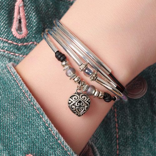 mini asha silver and leather bracelet w puffed heart charm denim