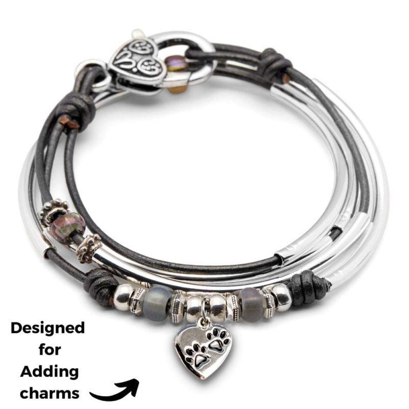 mini asha silver and leather wrap bracelet w stainless steel paw print charm