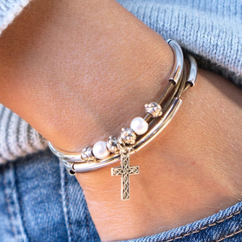 mini charmer silver wrap bracelet with filagree cross charm