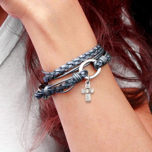 mini paisley braided silver leather wrap bracelet w clear crystal cross charm neutral