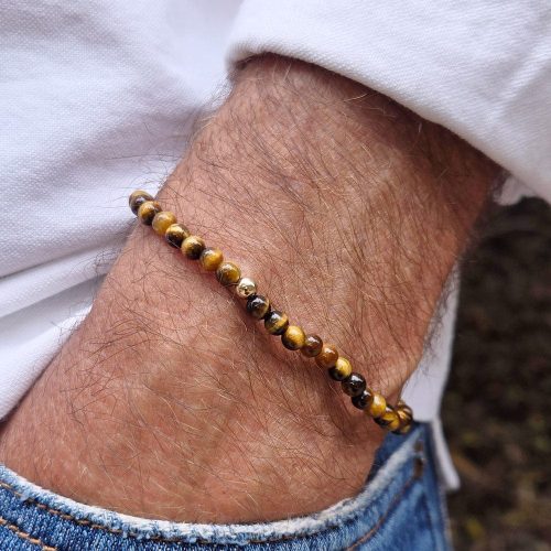 mini tiger s eye men s bracelet w 14k gold bead white shirt denim