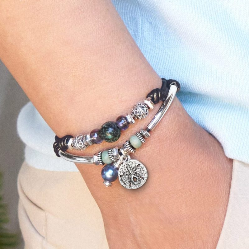 palm springs silver and leather adjustable bracelet w pearl dangler sand dollar charm neutral