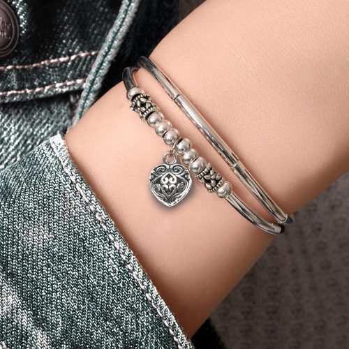 pancake silver and black leather adjustable size bracelet w silver puffed heart charm denim ec23d78b c2b6 43a4 ae98 4bdf2c8a9019