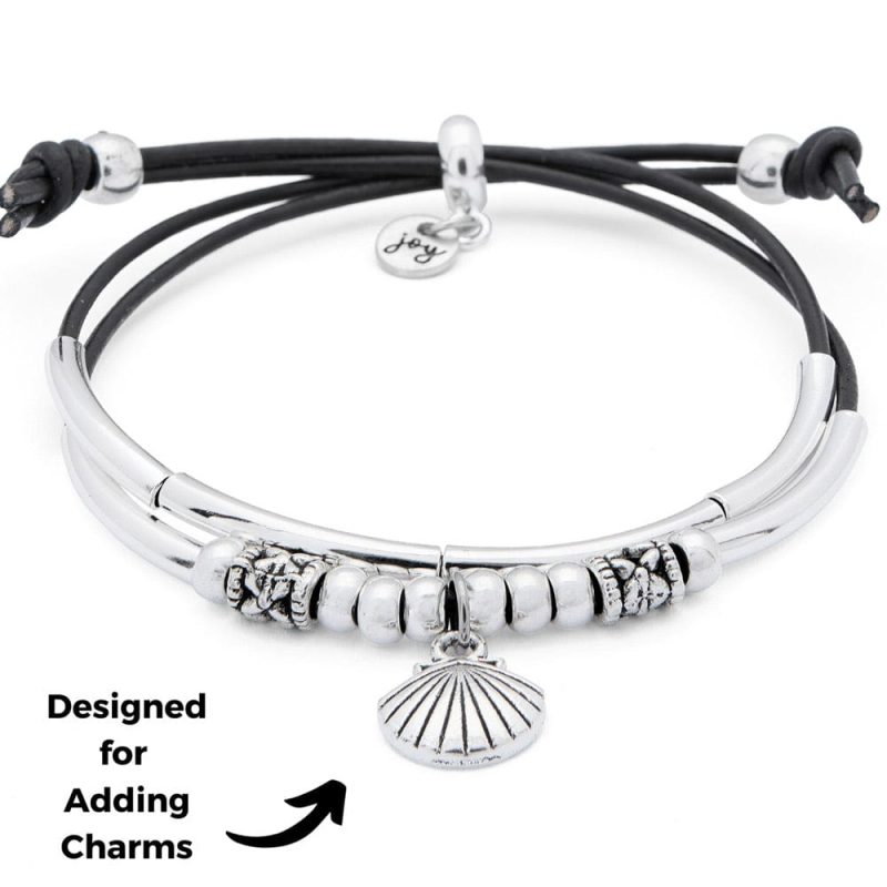 pancake silver and leather adjustable size bracelet aycc w shell charm