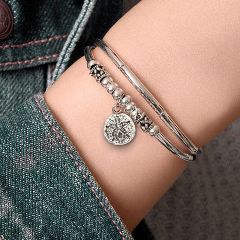 pancake silver and leather bracelet w sand dollar silver charm denim