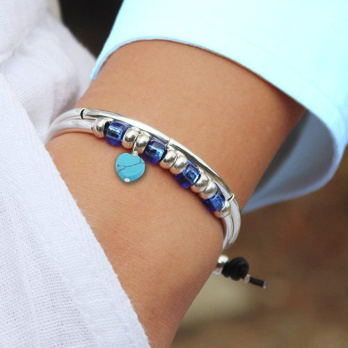 resa silver and leather bracelet w blue turquoise heart charm white neutral