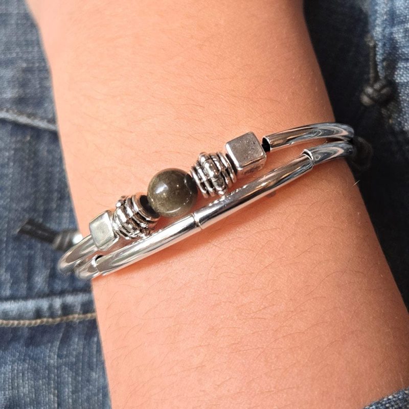 sofi silver and leather bracelet w golden obsidian denim