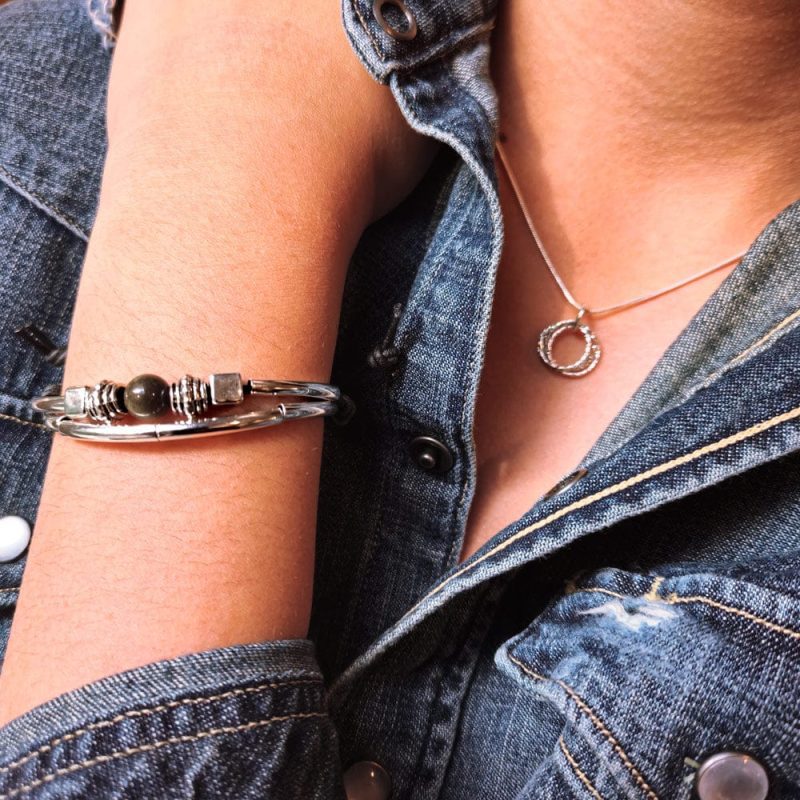 sofi silver and leather bracelet w golden obsidian w sterling silver quad circle necklace denim