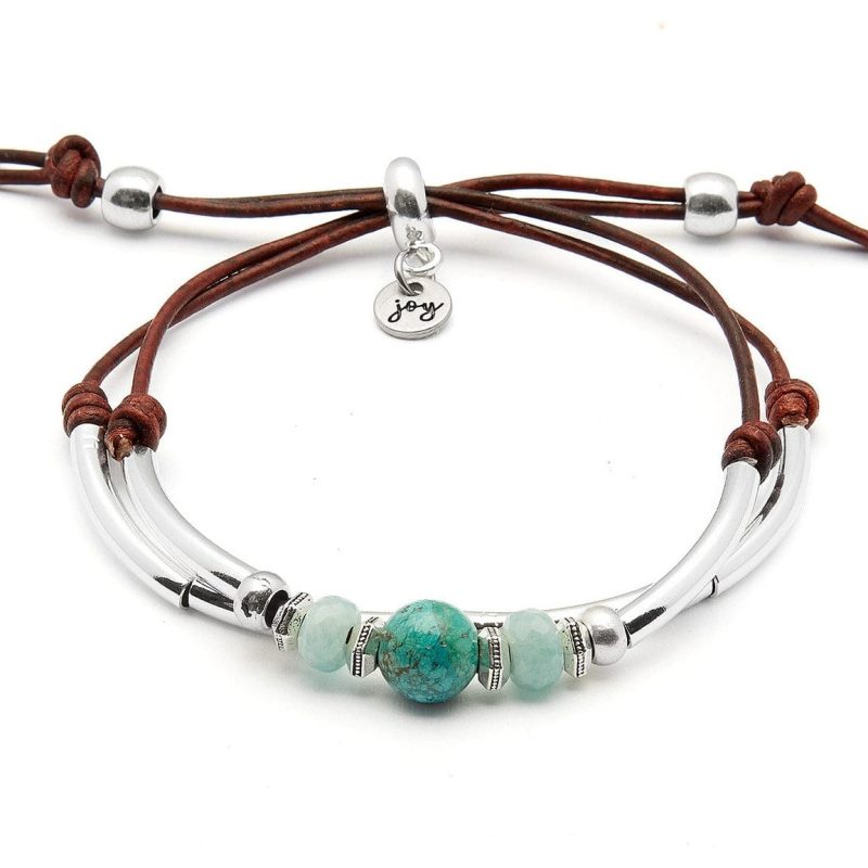 st barts adjustable silver aventurine bracelet in natural antique brown leather