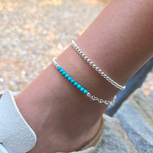 stacked sterling silver and turquoise 2mm bead anklets set ccf7329a 509f 4f2f 888b 4aa43eae3aa5