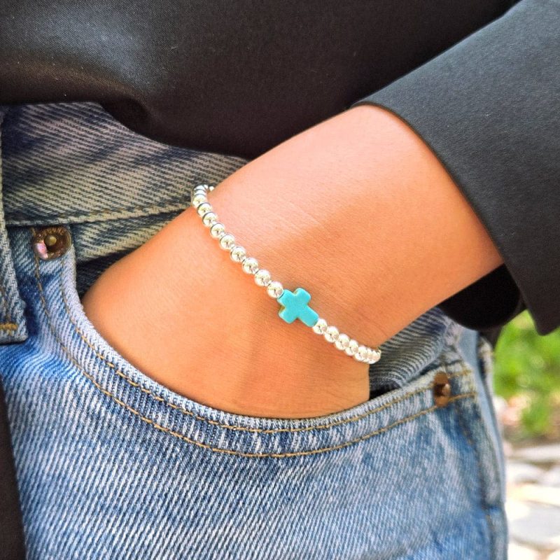 sterling silver 4 mm bead bracelet with turquoise cross charm denim black