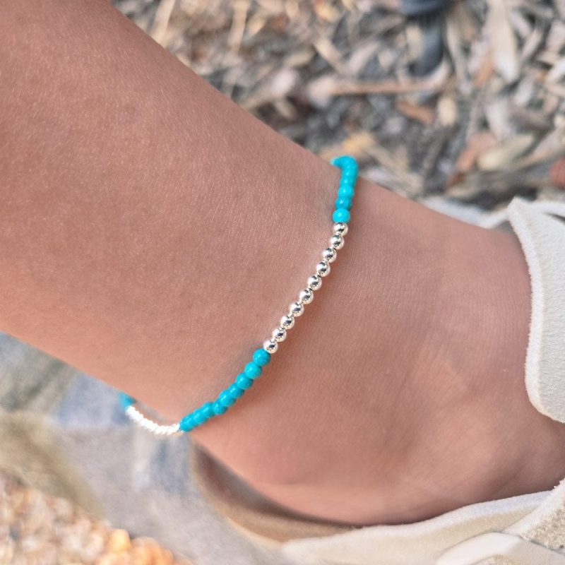 sterling silver and turquoise 2mm bead anklet 8bf04393 0325 48b3 8fc5 9c2f69186d39