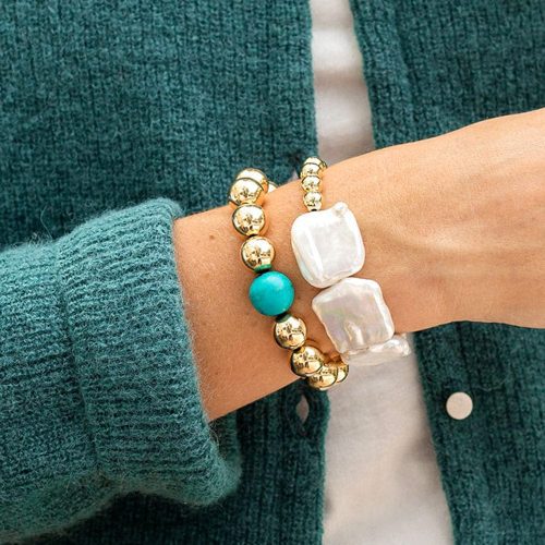 turquoise and 14k gold filled 6mm bead bracelet w large square pearl and 14k gold filled 6mm bead bracelet stack instafeed