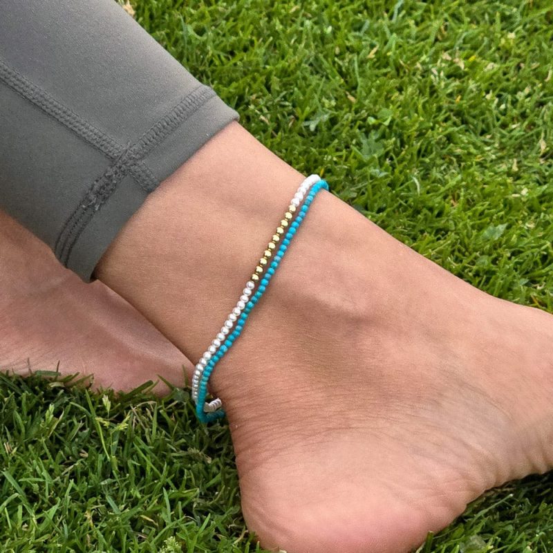 turquoise anklet and pearl anklet w 2mm gold beads stacked outdoor summer neutral 24a5bab7 f961 4842 9a4c a13d20e8c4c4