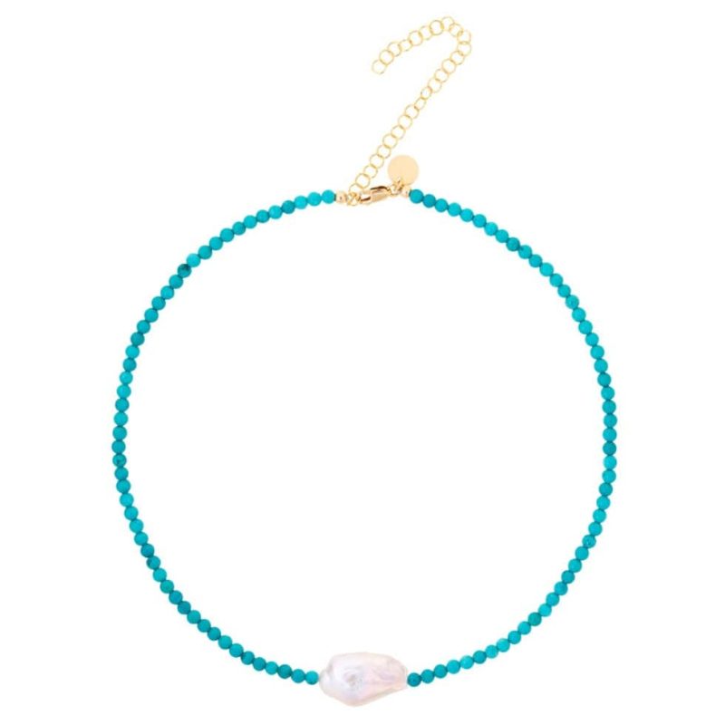 turquoise bead necklace w freshwater pearl and 14k gold filled clasp