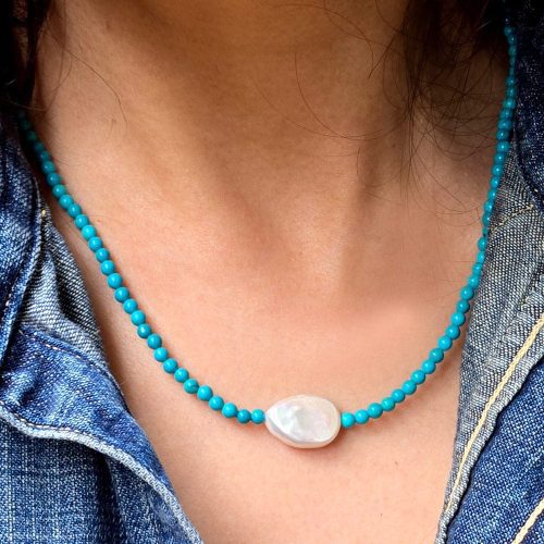 turquoise bead necklace w large square pearl denim