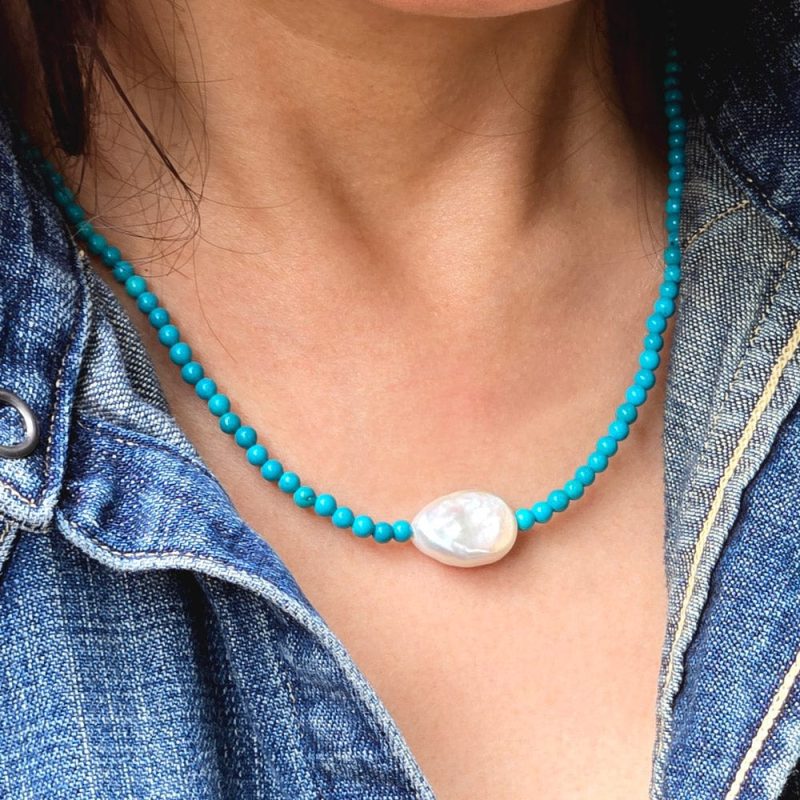 turquoise bead necklace w large square pearl denim square