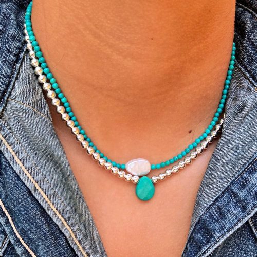 turquoise necklace w pearl layered w sterling silver necklace w turquoise denim