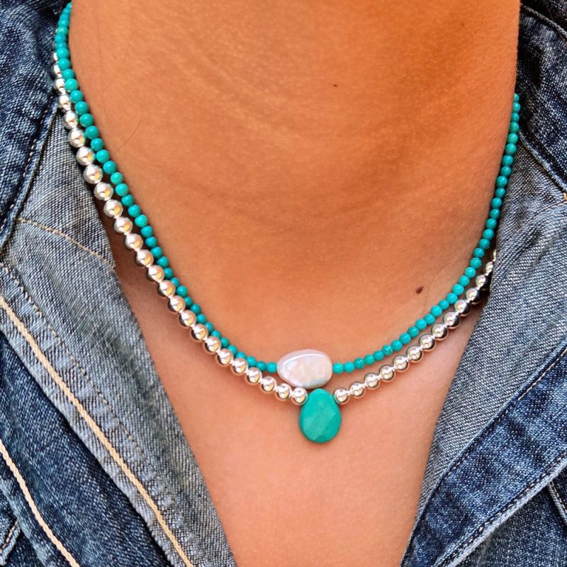 turquoise necklace w pearl layered w sterling silver necklace w turquoise denim