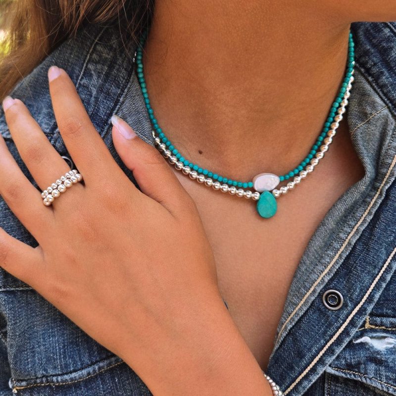 turquoise necklace w pearl layered w sterling silver necklace w turquoise stacked sterling silver ring set denim