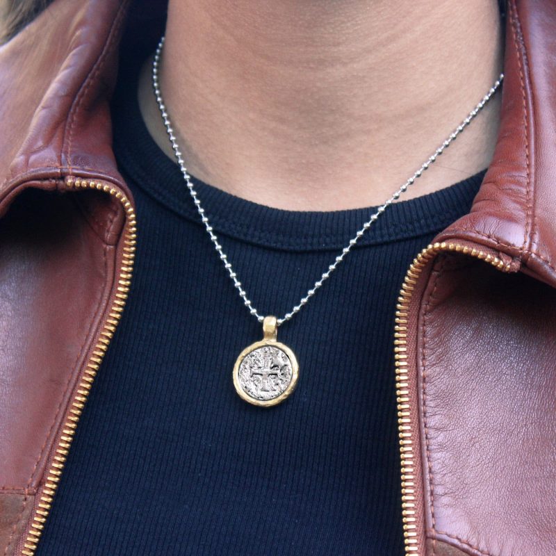 vintage silver cross medallion necklace leather black